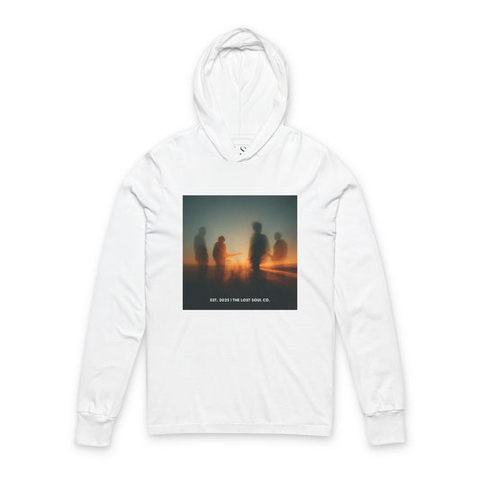 White hooded long sleeve tee with blurred band silhouettes in golden hour – The Lost Soul Co.