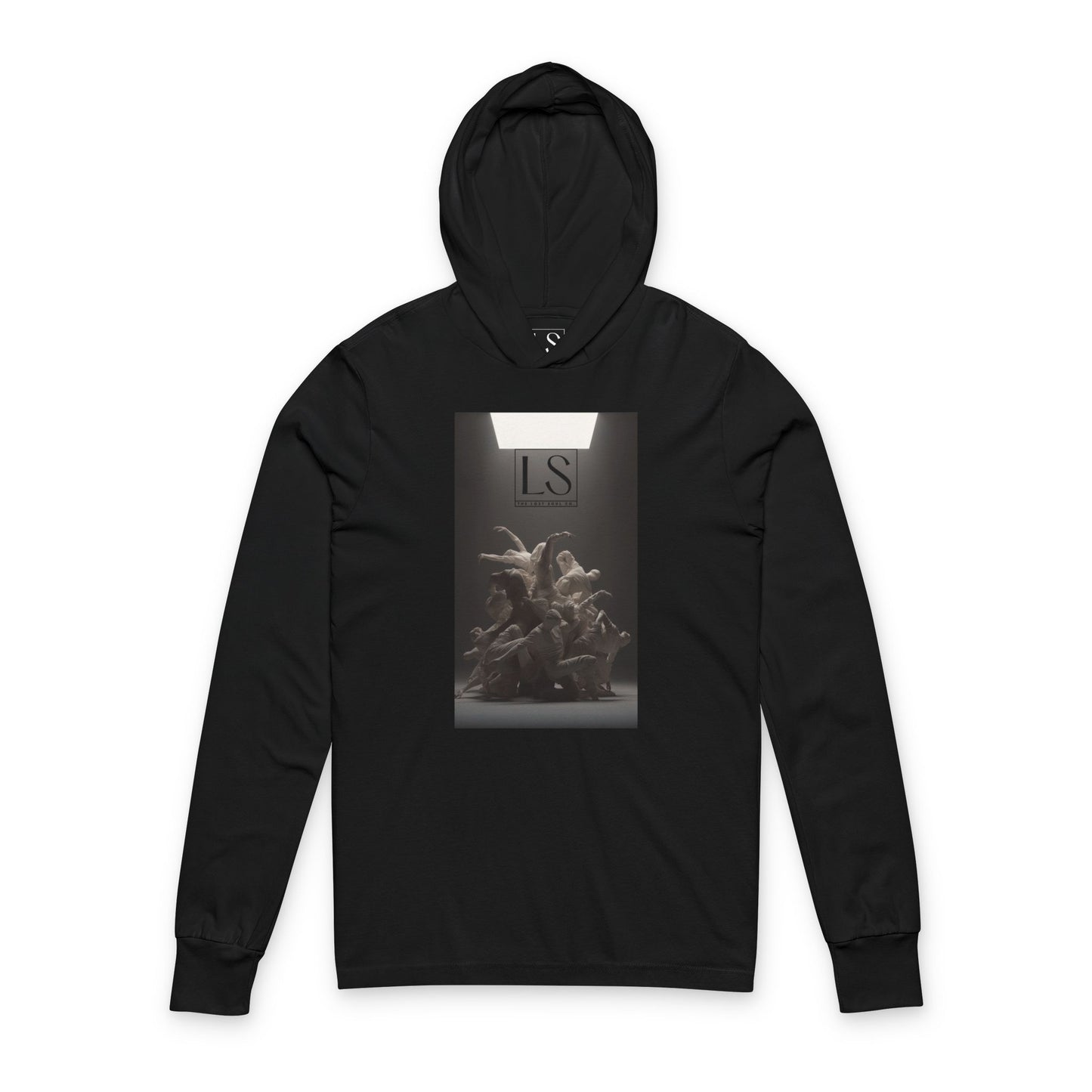 Hooded long sleeve black tee featuring grayscale sculpture of entwined dancers under spotlight with LS logo - front view