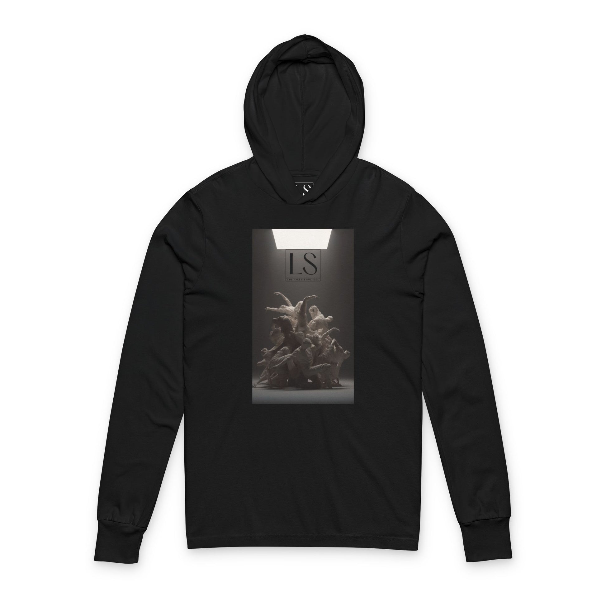 Hooded long sleeve black tee featuring grayscale sculpture of entwined dancers under spotlight with LS logo - front view