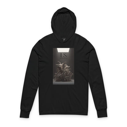 Hooded long sleeve black tee featuring grayscale sculpture of entwined dancers under spotlight with LS logo - front view