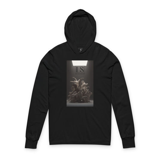 Hooded long sleeve black tee featuring grayscale sculpture of entwined dancers under spotlight with LS logo - front view