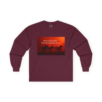 Run With The Fire long sleeve tee in maroon with cinematic red horse stampede and serif quote