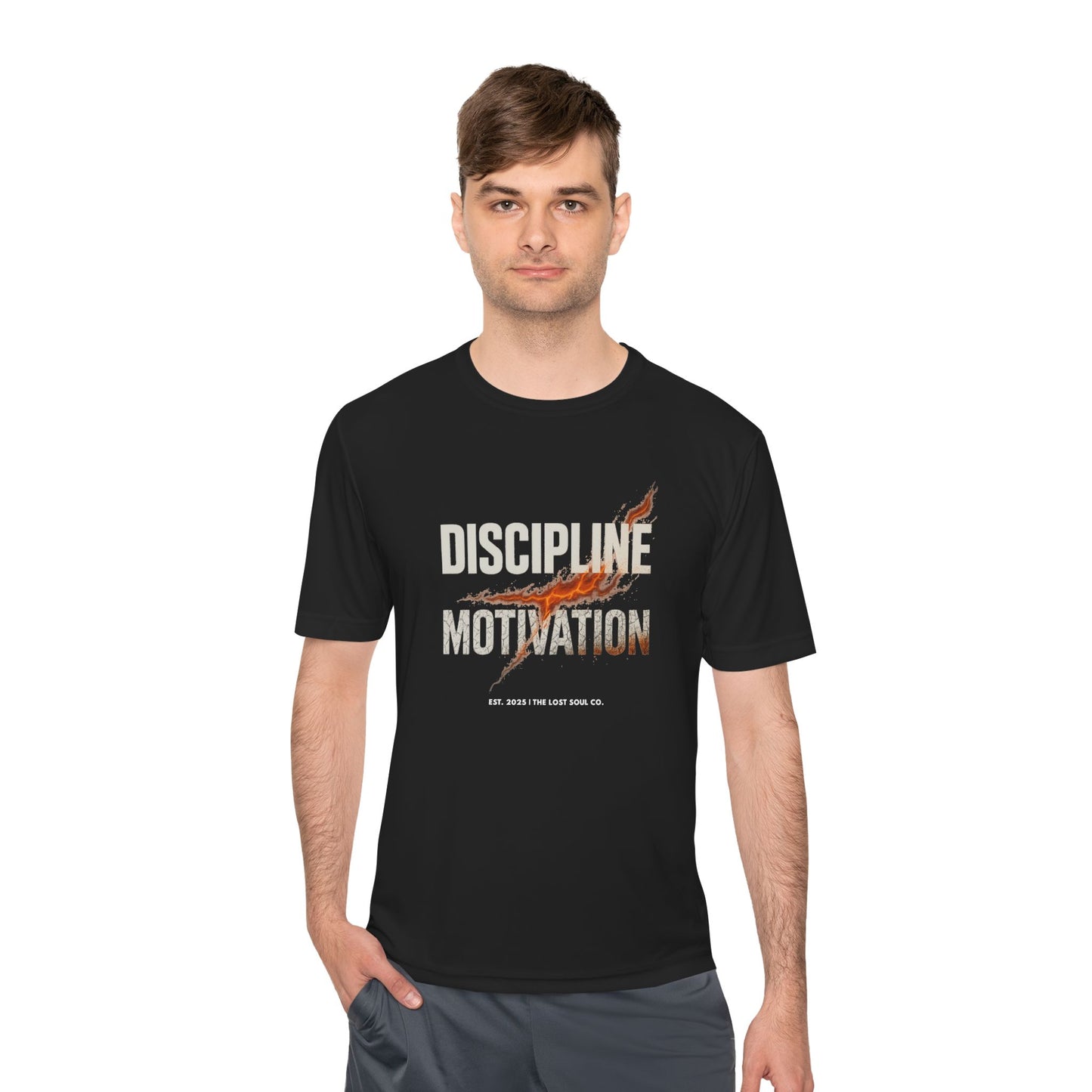 Man wearing a black t-shirt with 'Discipline Motivation' text and   fire lightning strike graphic– premium gymwear by The Lost Soul Co.

