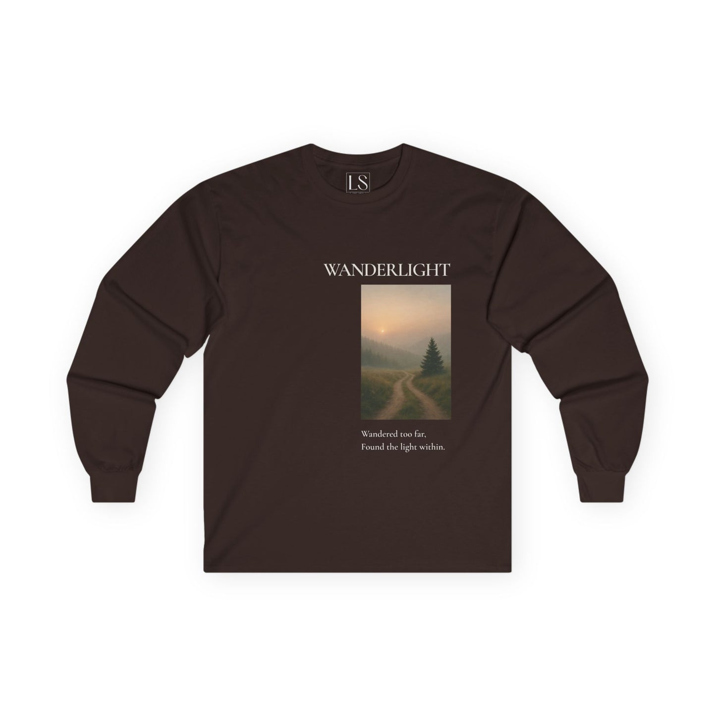 Wanderlight long sleeve tee in dark chocolate with misty forest trail graphic