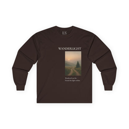 Wanderlight long sleeve tee in dark chocolate with misty forest trail graphic