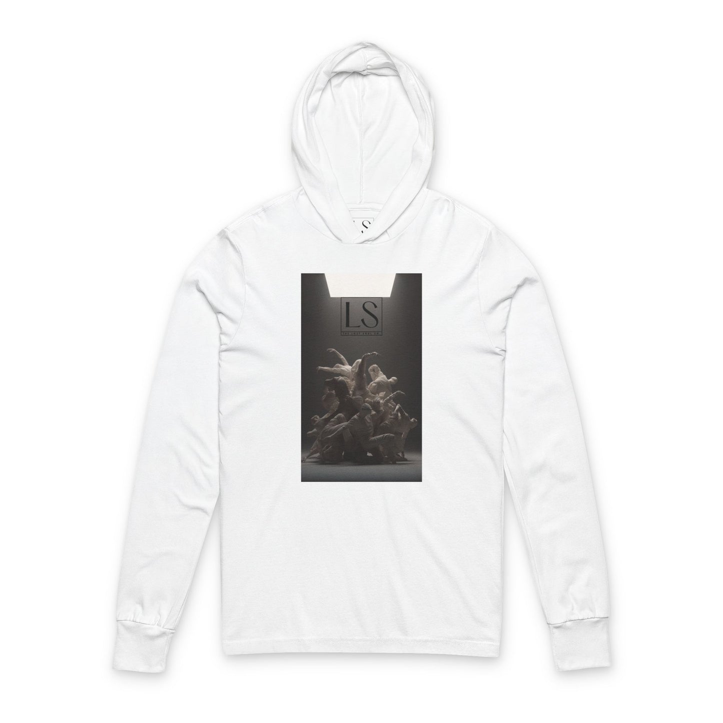 Hooded long sleeve white tee featuring grayscale sculpture of entwined dancers under spotlight with LS logo - front view