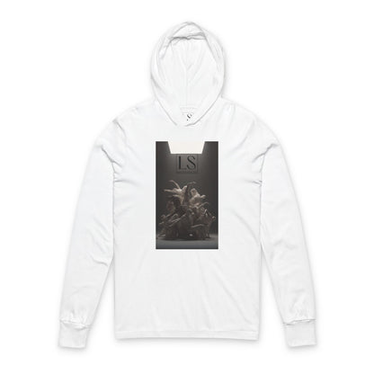 Hooded long sleeve white tee featuring grayscale sculpture of entwined dancers under spotlight with LS logo - front view