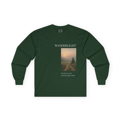 Wanderlight long sleeve tee in forest green with misty forest trail graphic