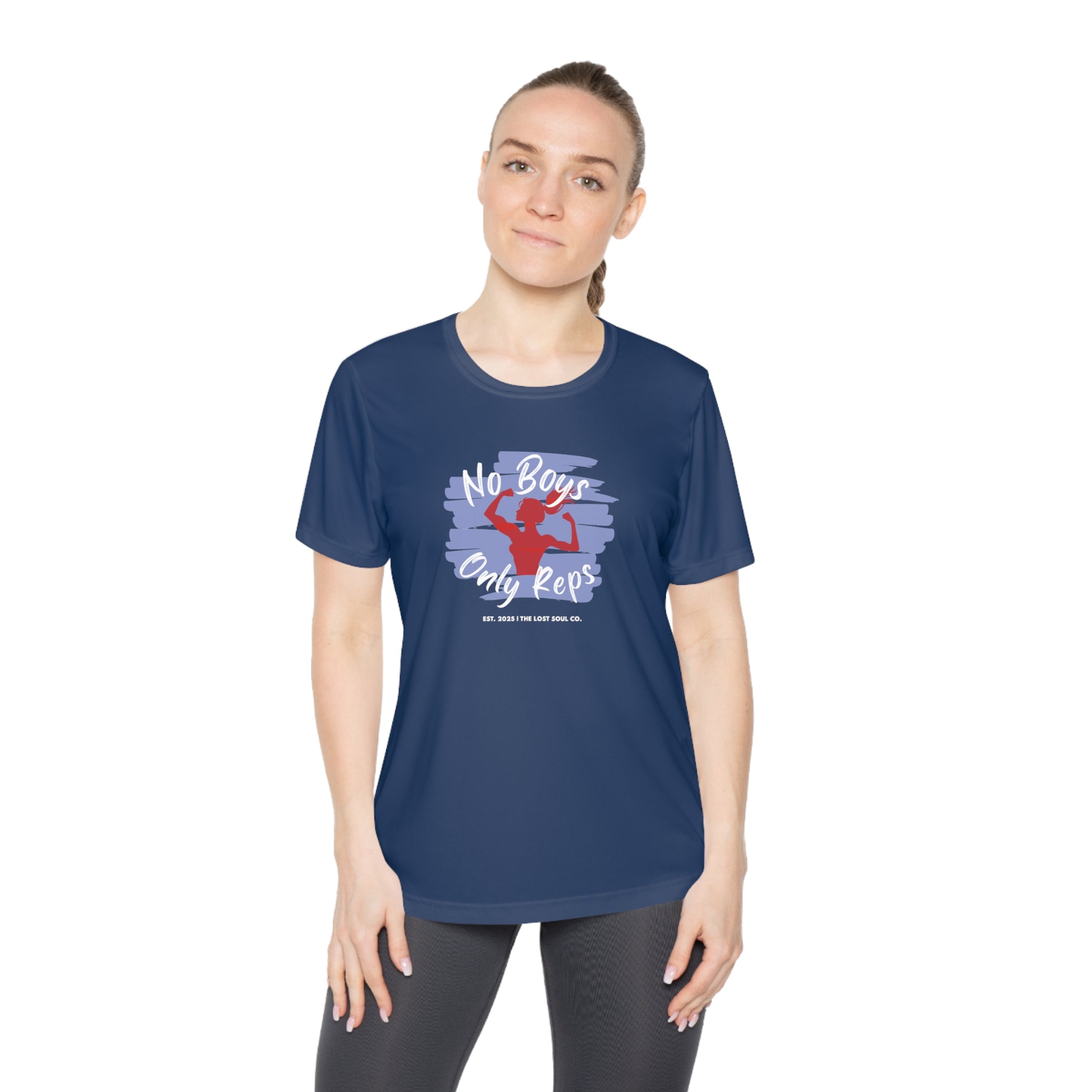Women wearing True Navy activewear tee with red silhouette and script ‘No Boys, Only Reps’ — bold gymwear for feminine strength