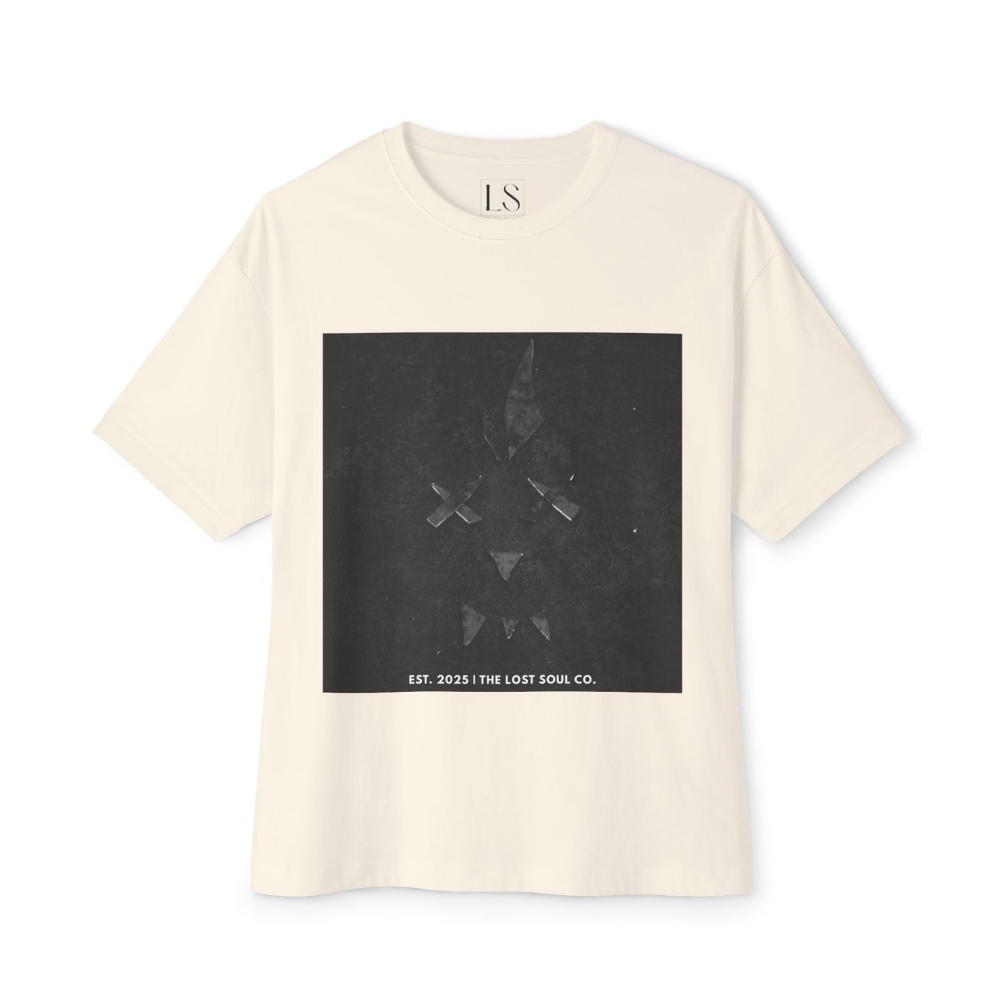 Broken glass face artwork in grayscale – The Lost Soul Co. oversized natural tee front view.”