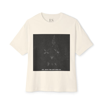 Broken glass face artwork in grayscale – The Lost Soul Co. oversized natural tee front view.”