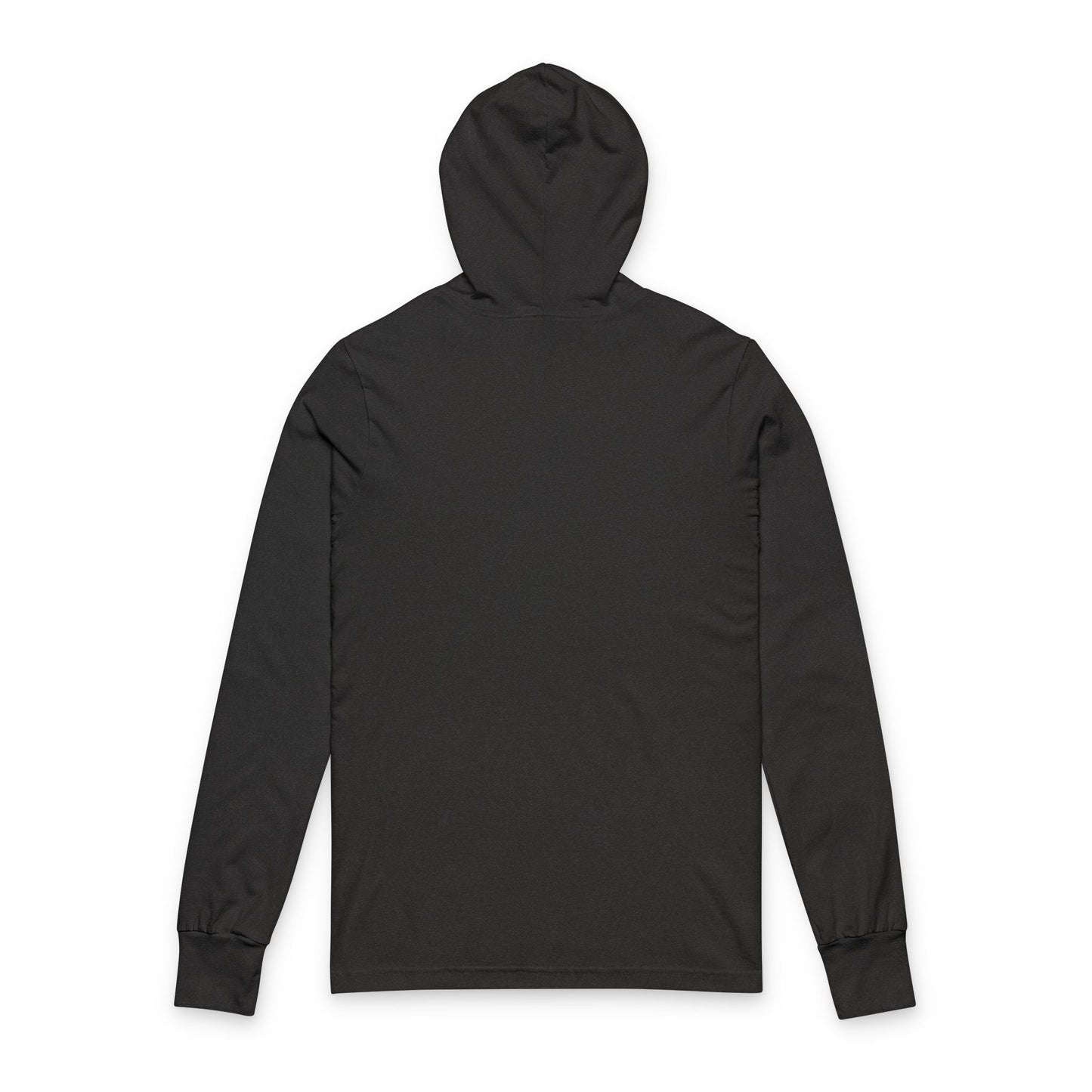 Back view of plain hooded long sleeve tee in charcoal black triblend