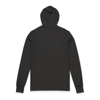 Back view of plain hooded long sleeve tee in charcoal black triblend
