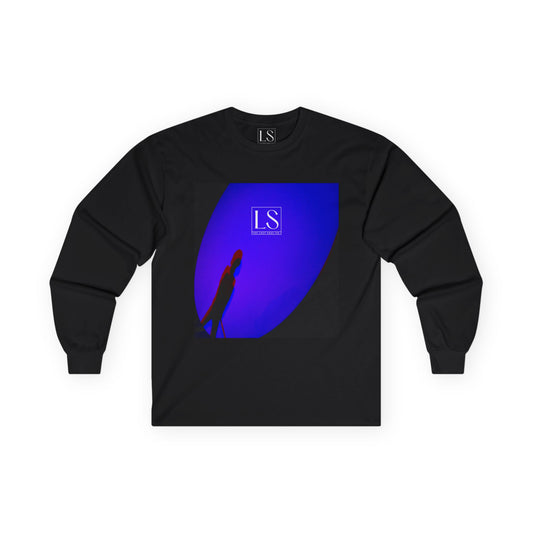 Lost Shadow long sleeve tee in black— neon silhouette spotlight design.