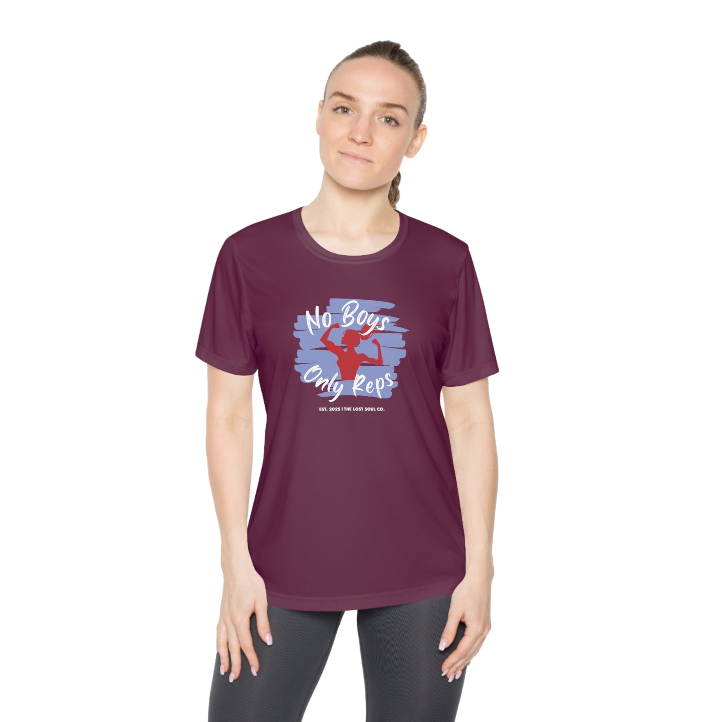 Women wearing maroon activewear tee with red silhouette and script ‘No Boys, Only Reps’ — bold gymwear for feminine strength
