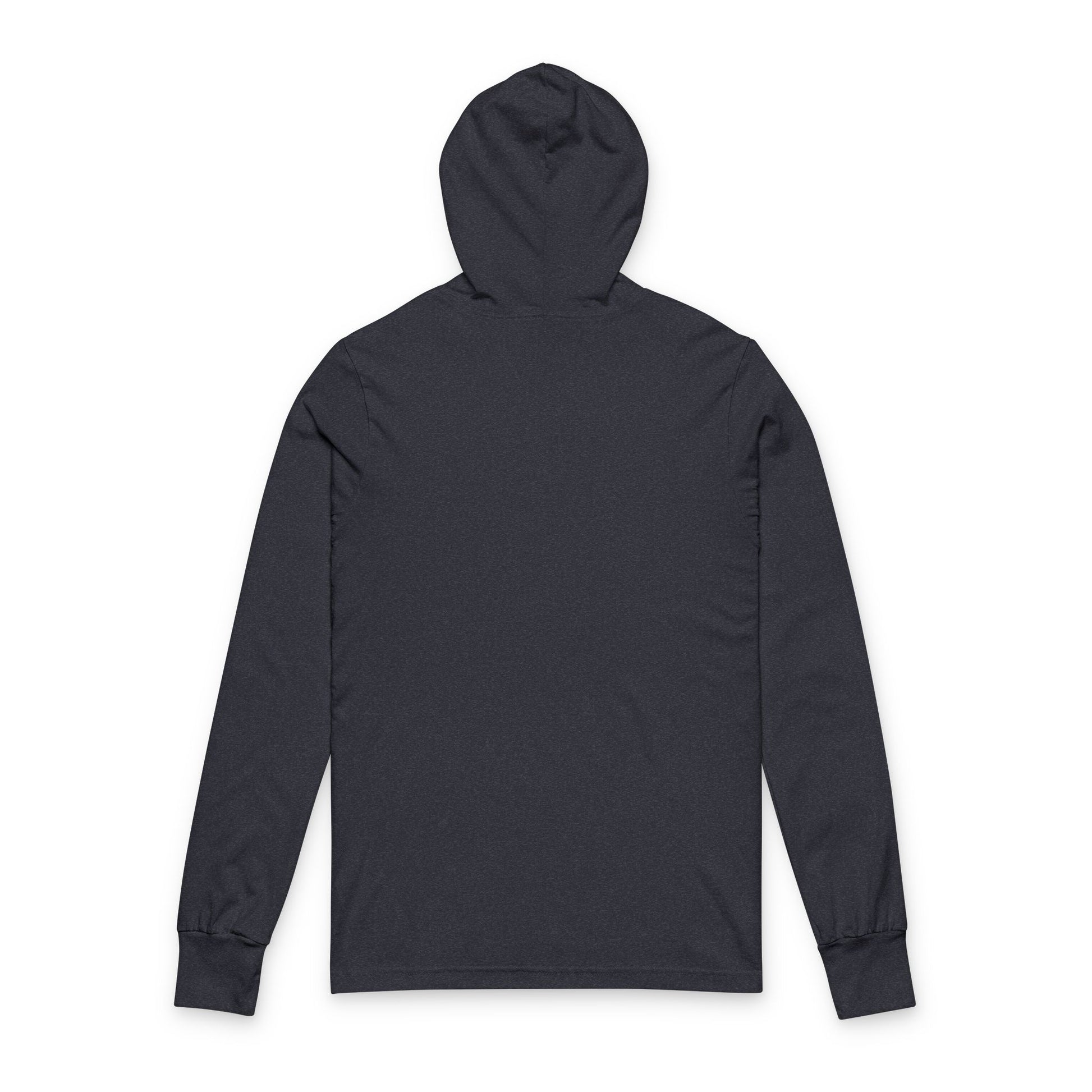 Back view of Heather Navy long sleeve hoodie – no print – The Lost Soul Co.