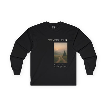 Wanderlight long sleeve tee in black with misty forest trail graphic