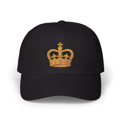 Black dad hat featuring embroidered gold crown, minimalist and bold – The Lost Soul Co.
