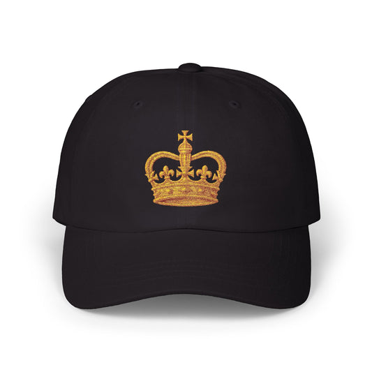 Black dad hat featuring embroidered gold crown, minimalist and bold – The Lost Soul Co.