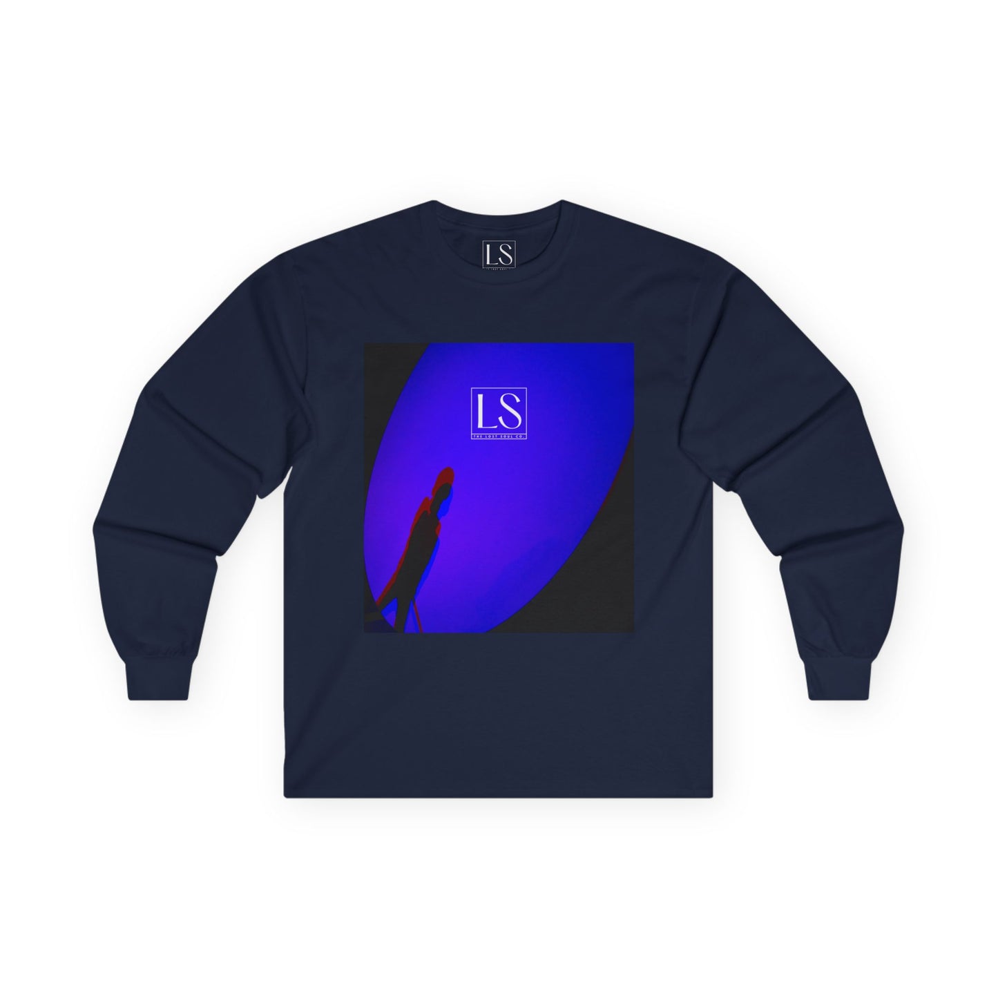 Lost Shadow long sleeve tee in Navy— neon silhouette spotlight design.