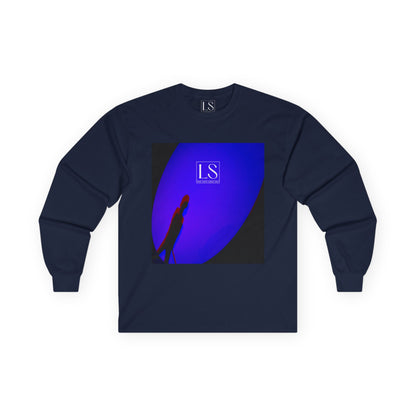 Lost Shadow long sleeve tee in Navy— neon silhouette spotlight design.