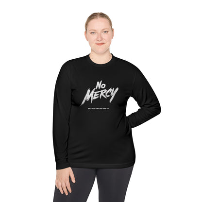 Person wearing a black unisex long sleeve tee with bold white “NO MERCY” brush lettering across the chest — motivational gymwear by The Lost Soul Co.