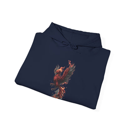 Folded navy hoodie featuring phoenix artwork with flames and broken brick – The Lost Soul Co.