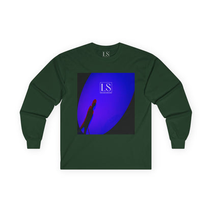 Lost Shadow long sleeve tee in forest green — neon silhouette spotlight design.