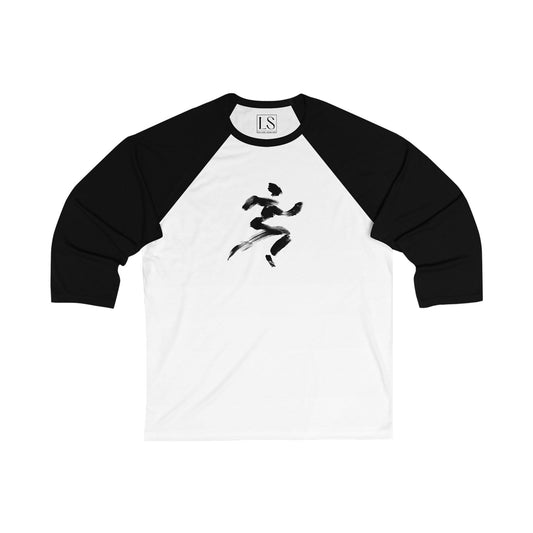 Minimalist black brush stroke runner artwork on premium 3/4 sleeve baseball tee – The Lost Soul Co.