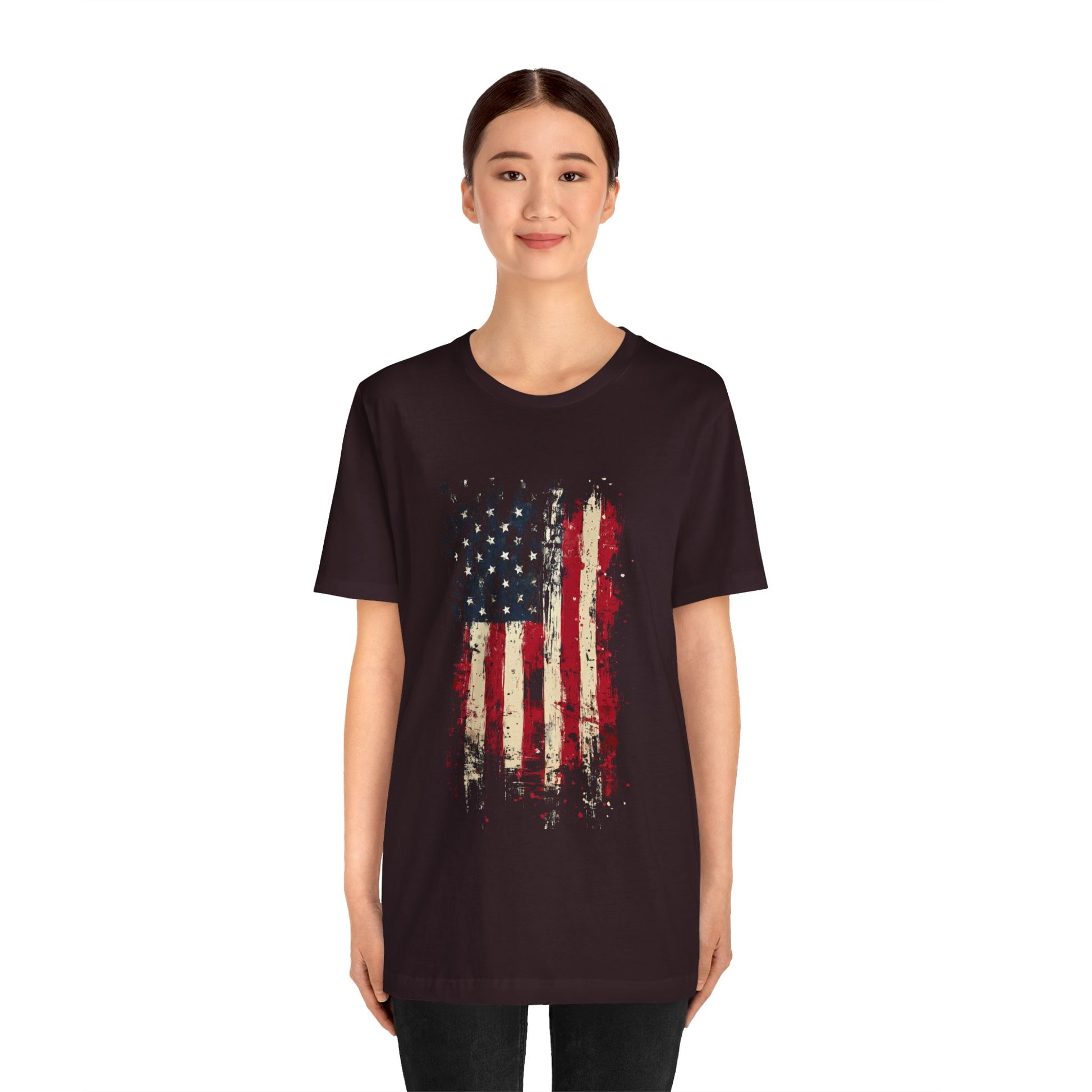 USA Grunge Flag T-Shirt – Female Model Standing