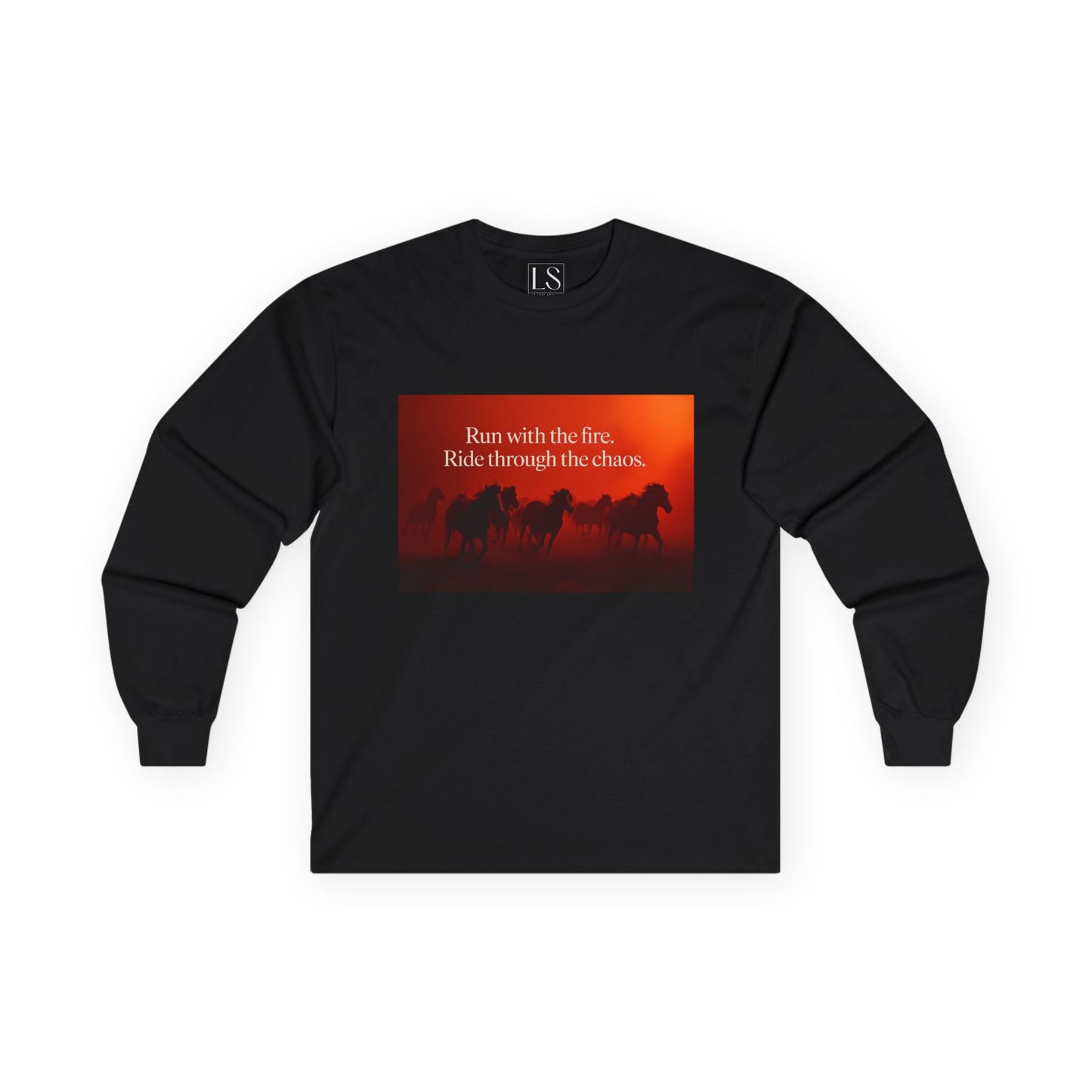 Run With The Fire long sleeve tee in black with cinematic red horse stampede and serif quote