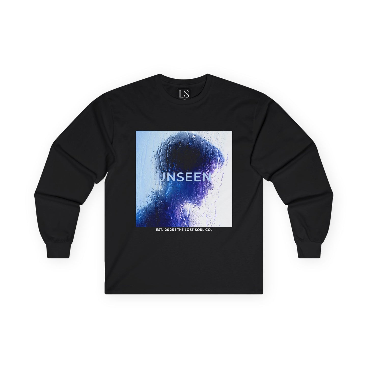 Front mockup of “UNSEEN” long sleeve black tee silhouette behind wet glass in blue tones with brand name below.