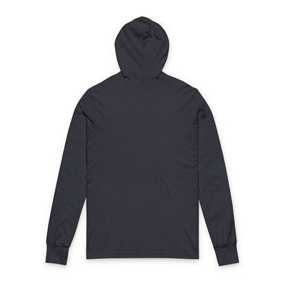 Back view of plain hooded long sleeve tee in heather navy