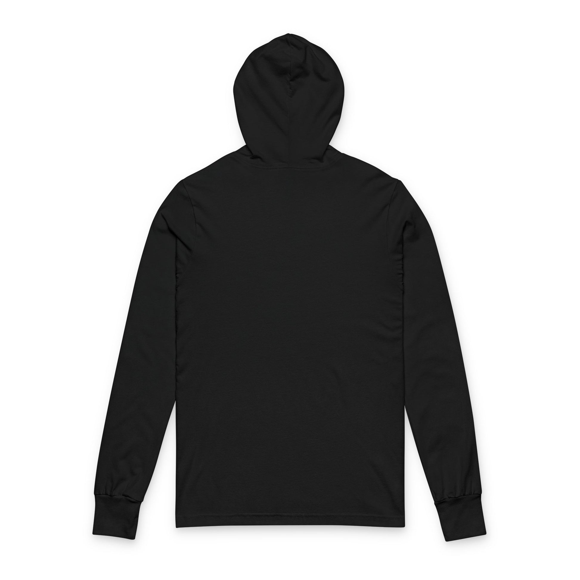 Back view of plain hooded long sleeve tee in  black 