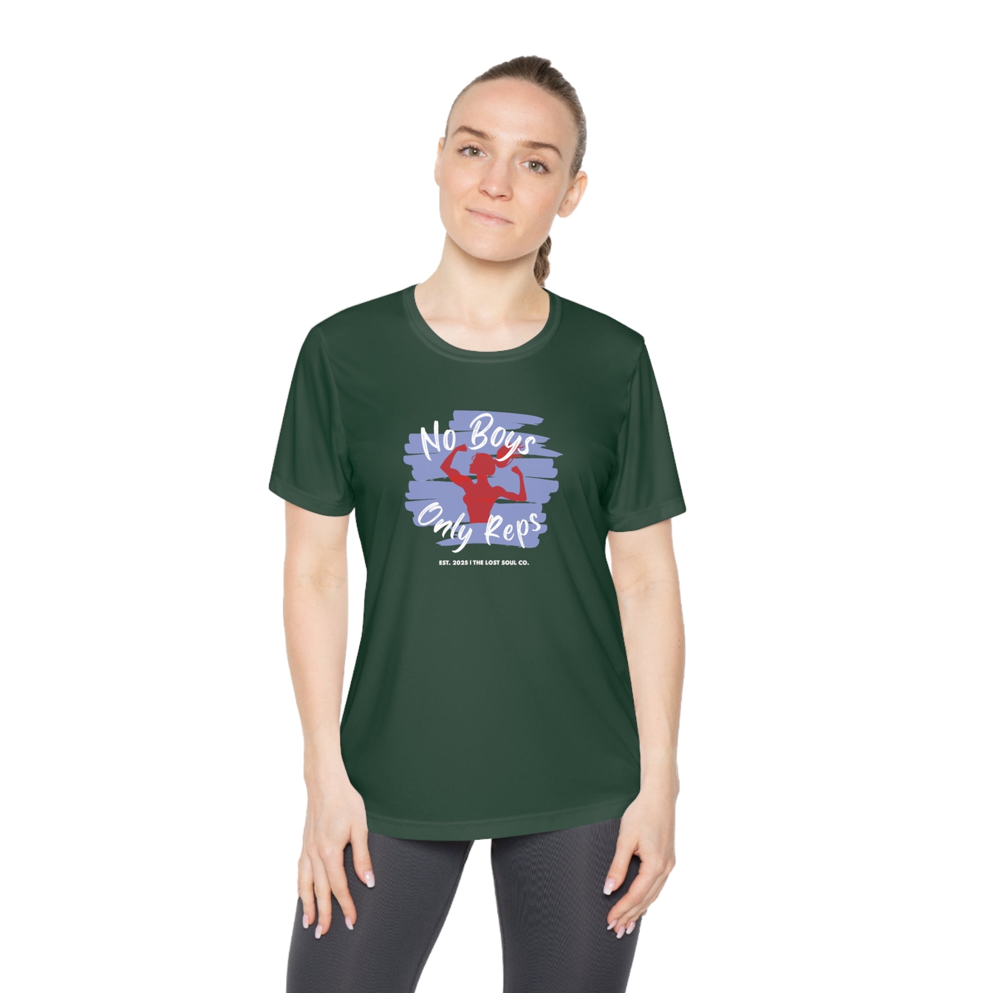 Person wearing green activewear tee with red silhouette and script ‘No Boys, Only Reps’ — bold gymwear for feminine strength