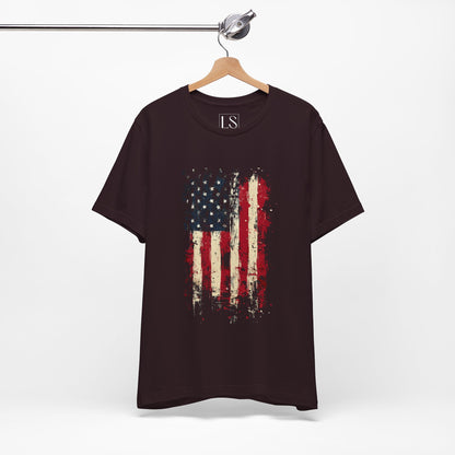 USA Grunge Flag T-Shirt – Front View on Hanger