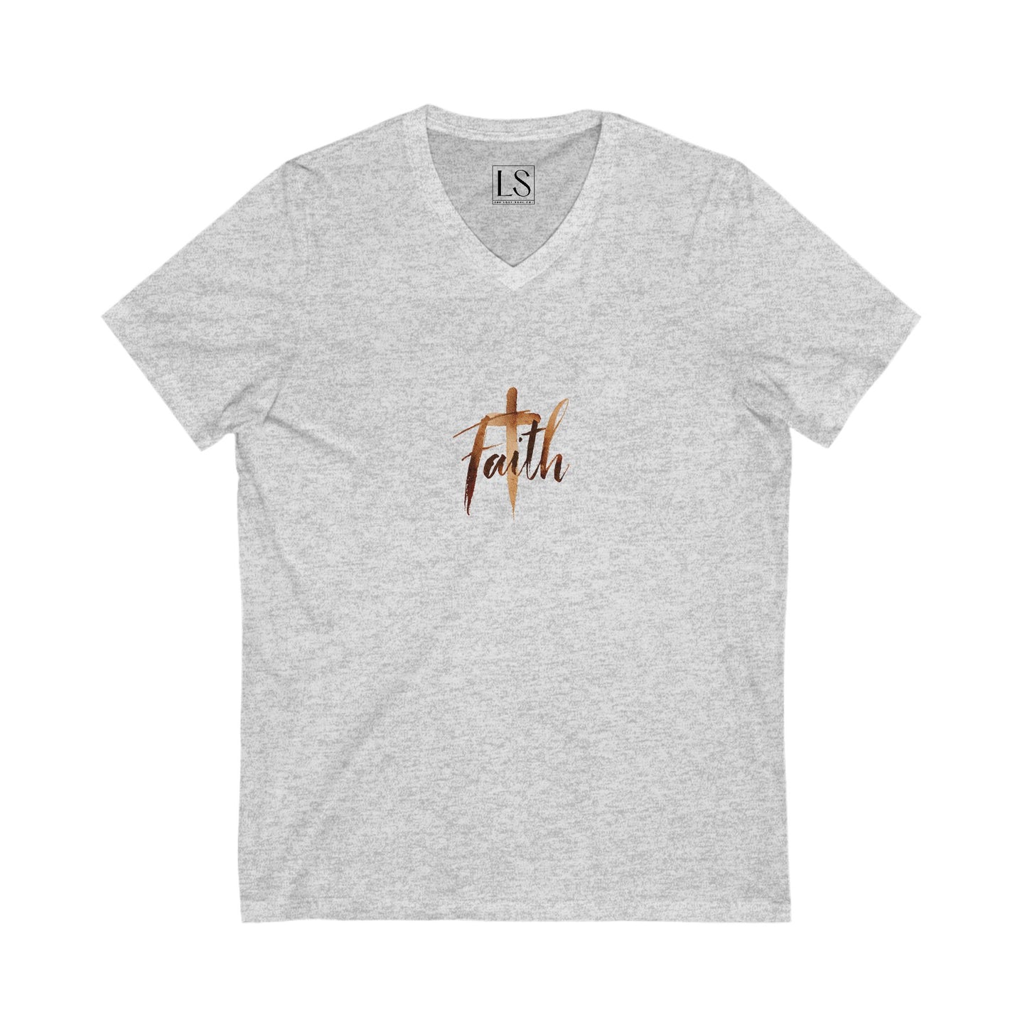 Faith v-neck ash t-shirt with painted cross and brush lettering in earth tones – The Lost Soul Co.