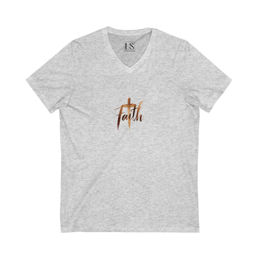 Faith v-neck ash t-shirt with painted cross and brush lettering in earth tones – The Lost Soul Co.