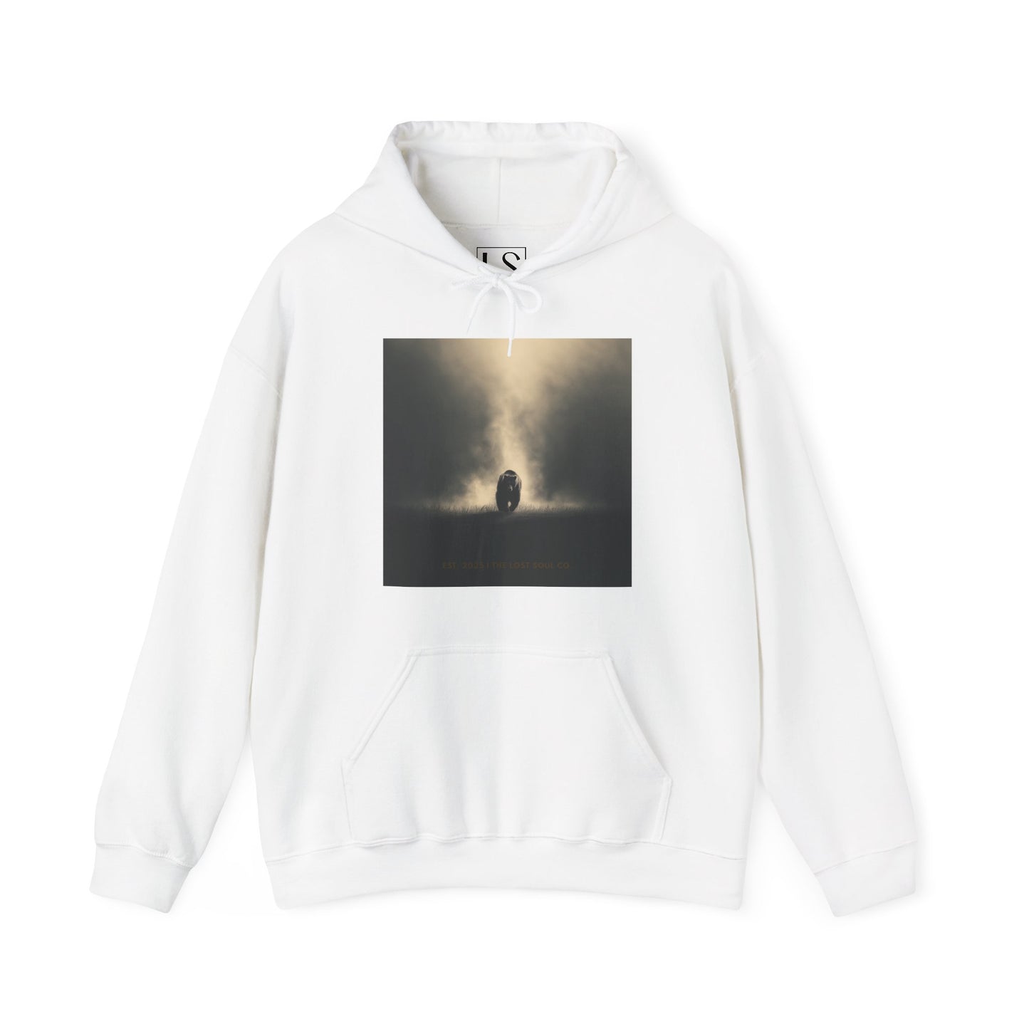 White hoodie with lone bear emerging from fog into golden light – The Lost Soul Co.