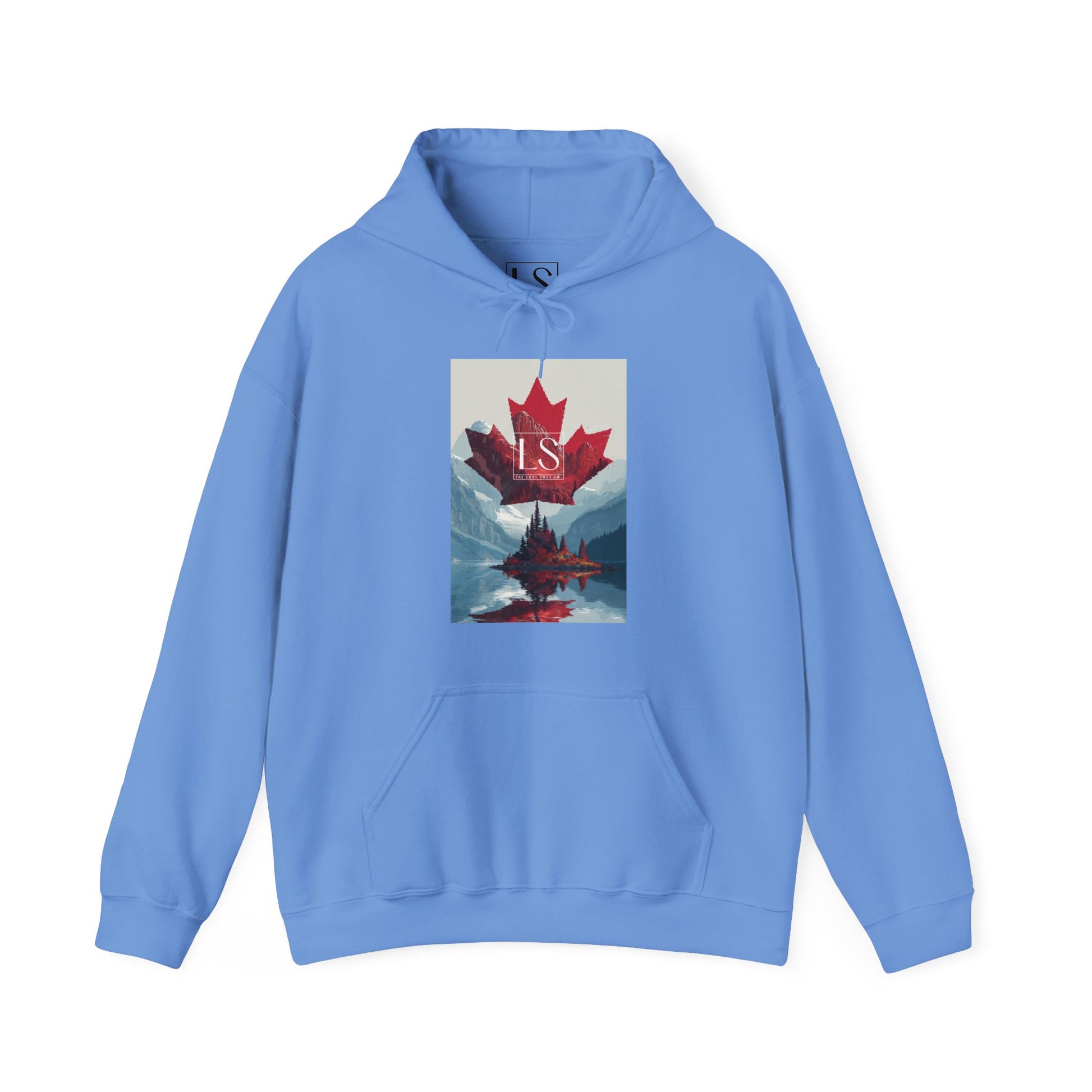 Carolina Blue hoodie with mountain-sculpted maple leaf crest over mirrored alpine lake – The Lost Soul Co.