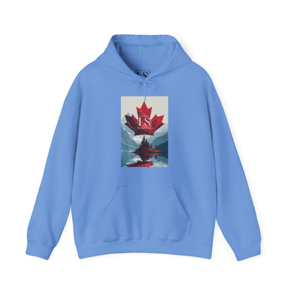 Carolina Blue hoodie with mountain-sculpted maple leaf crest over mirrored alpine lake – The Lost Soul Co.
