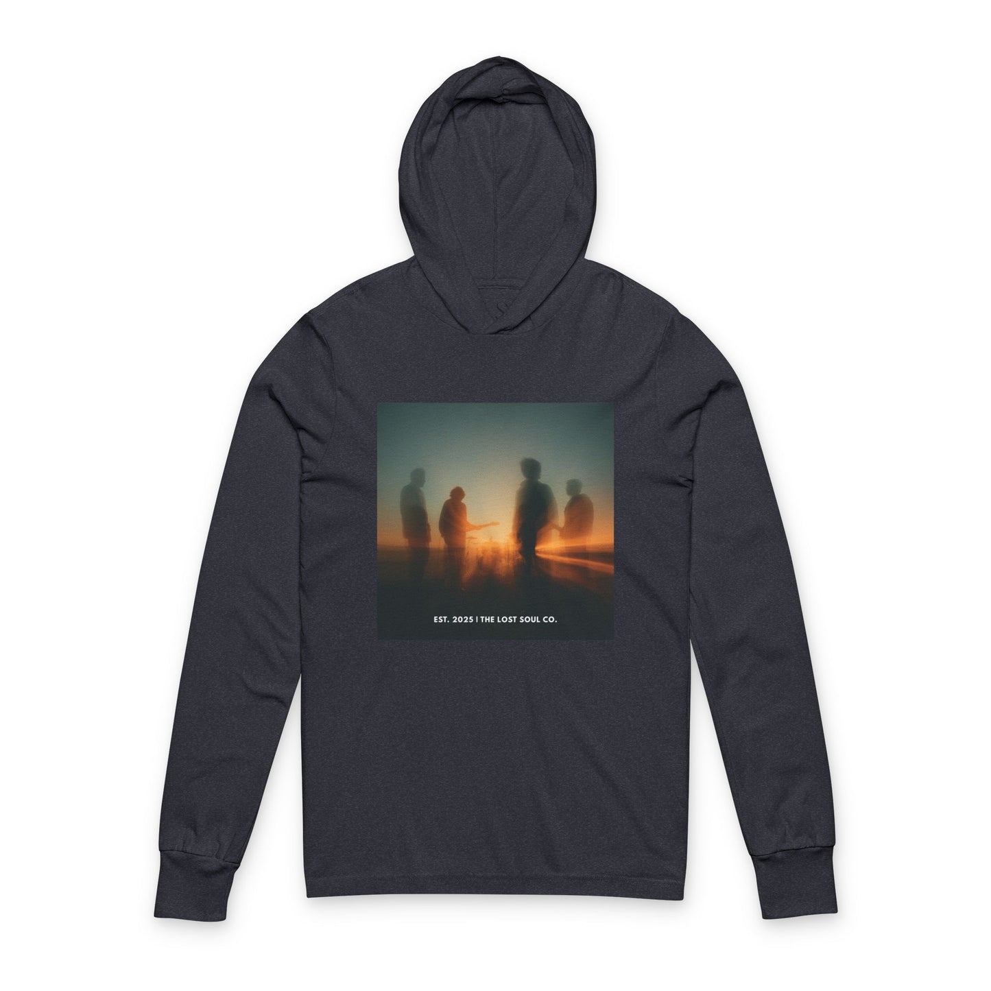 Heather Navy hoodie with cinematic sunset band silhouette design – The Lost Soul Co.
