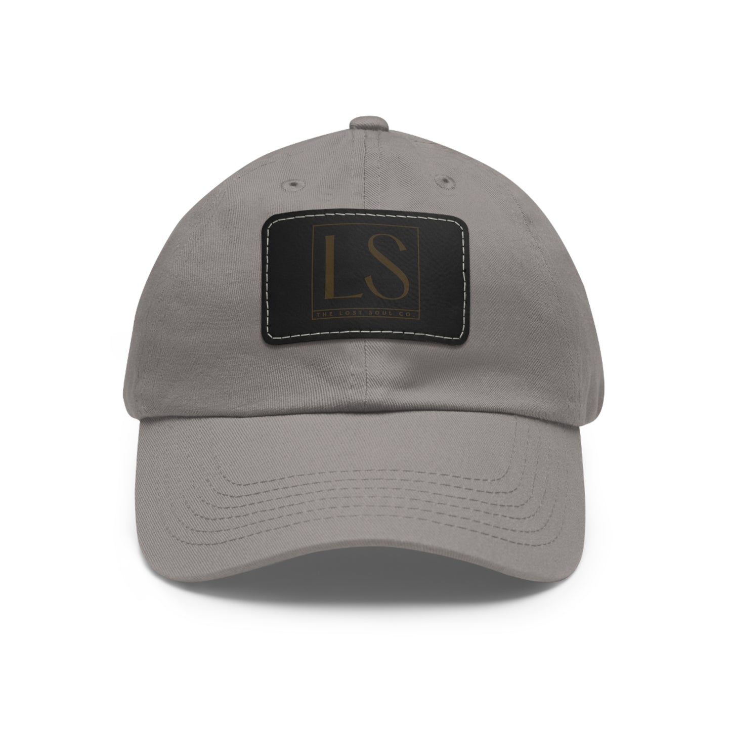 Grey dad hat with LS logo debossed on black faux leather patch – The Lost Soul Co.