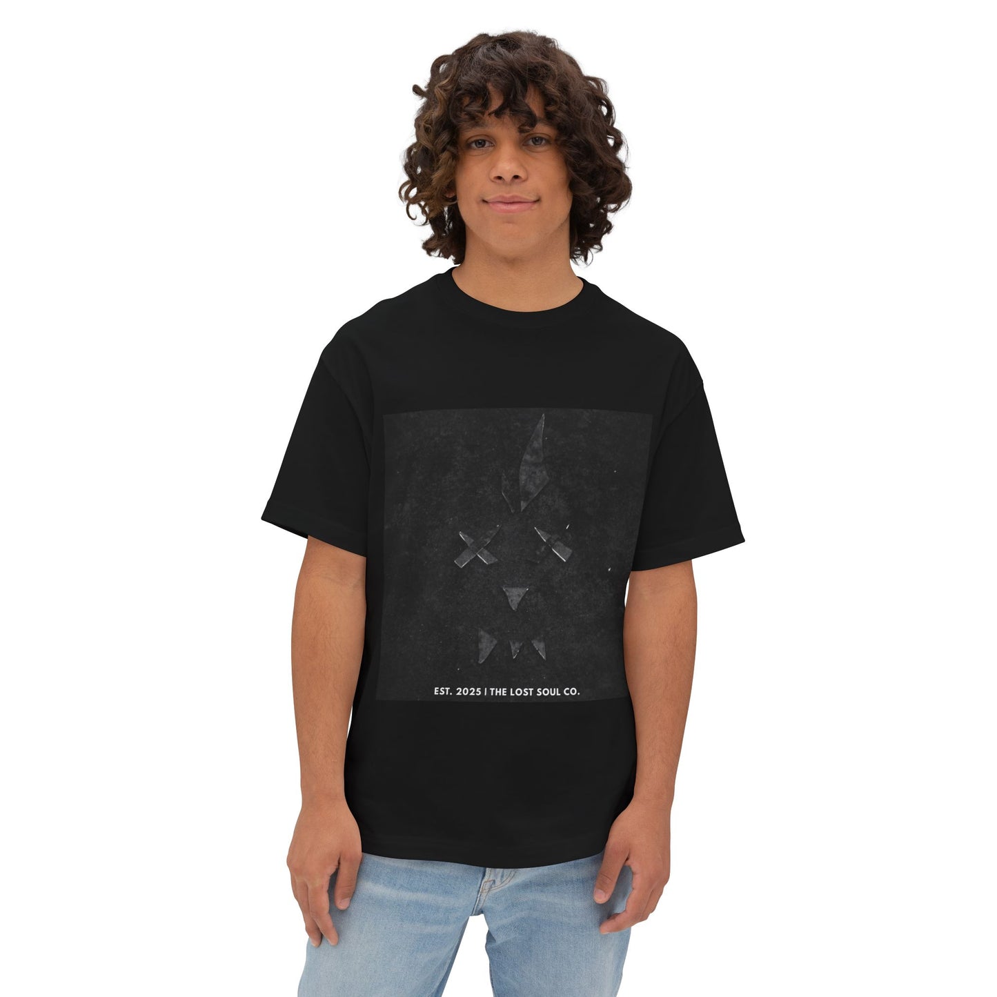 Model wearing Broken Face oversized boxy tee in Black – front view.