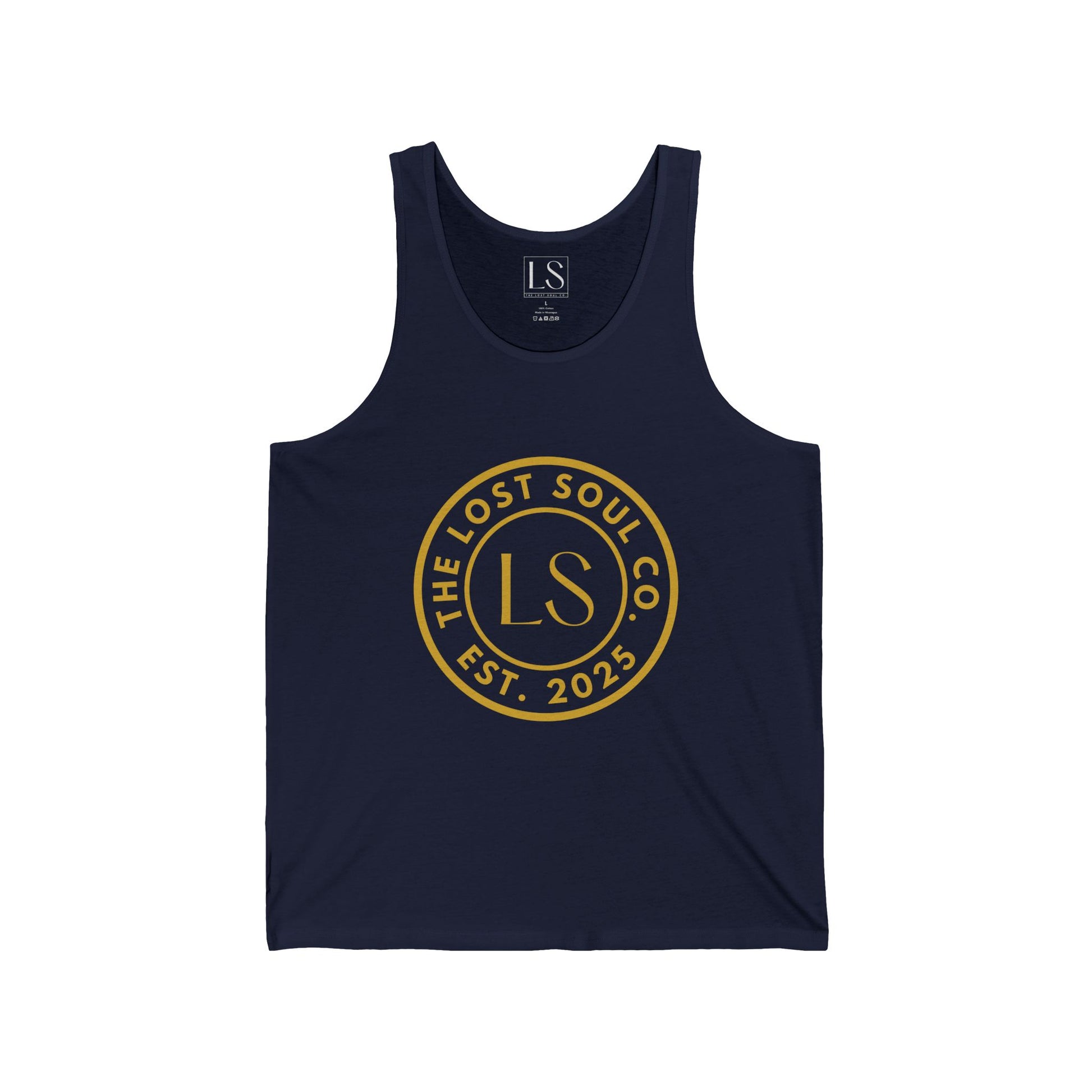 Navy  jersey tank with gold LS emblem centered on the chest by The Lost Soul Co.
