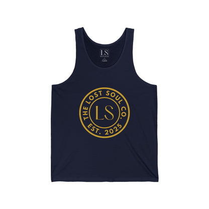 Navy  jersey tank with gold LS emblem centered on the chest by The Lost Soul Co.
