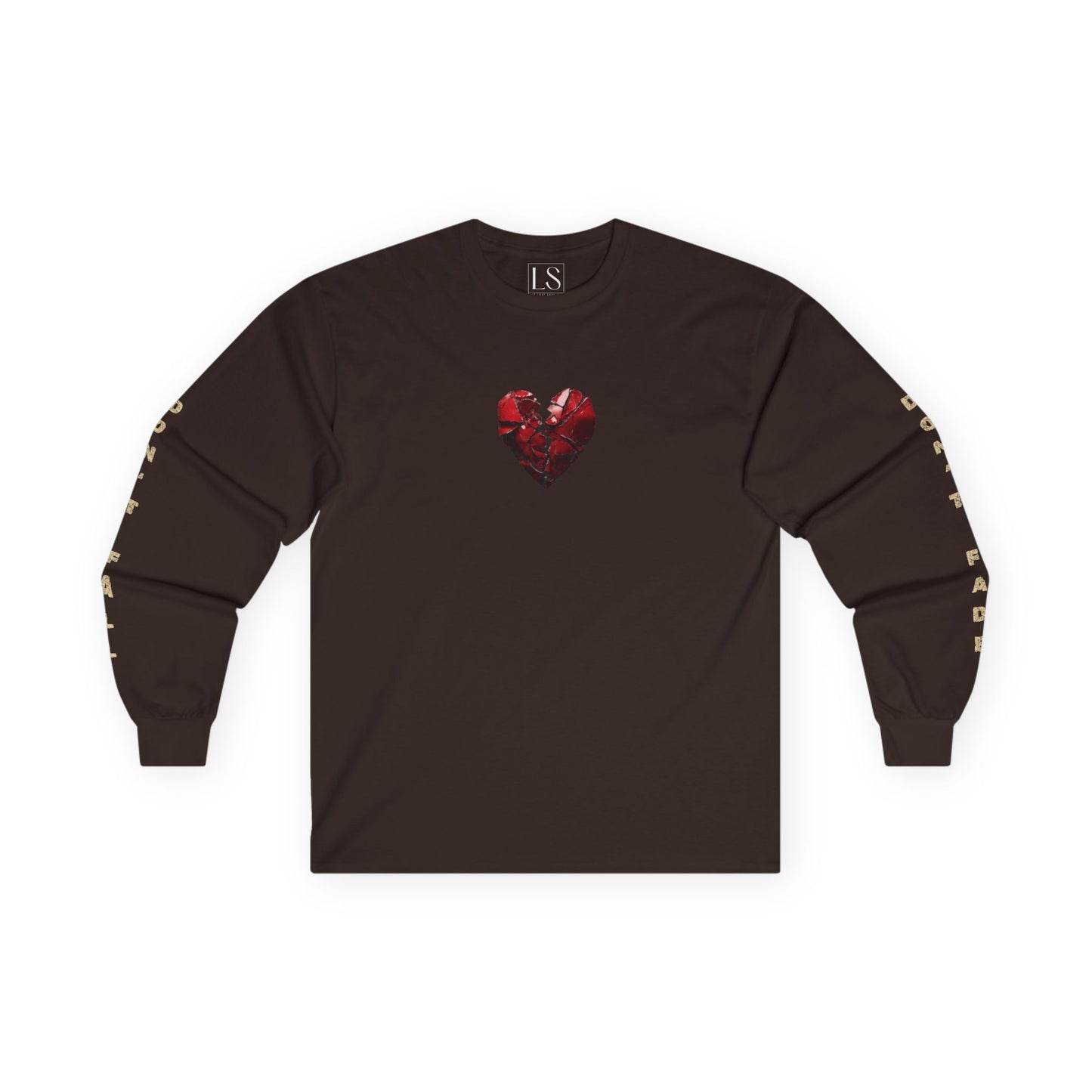 Inner Collapse long sleeve tee in dark chocolate with cracked red heart on chest 