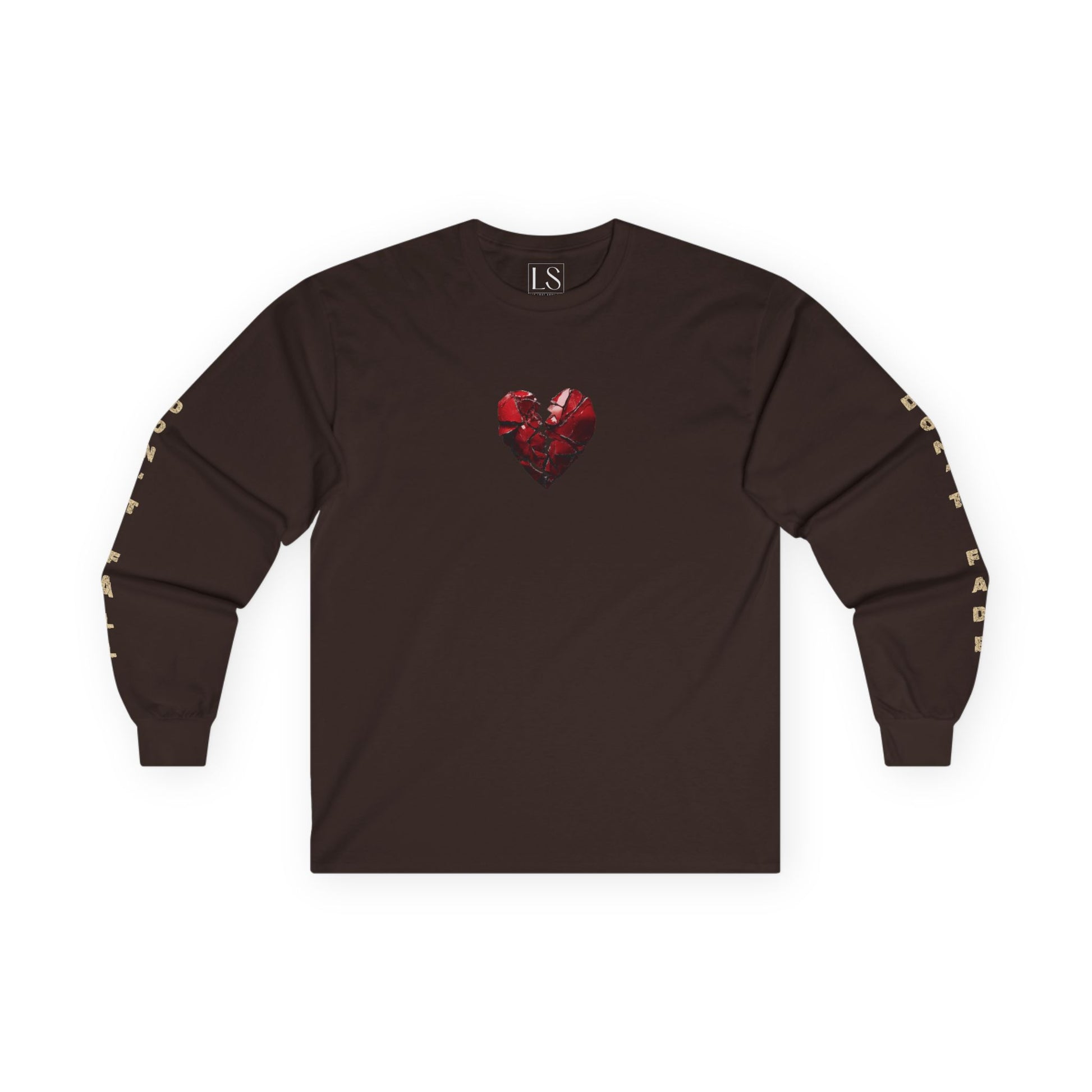 Inner Collapse long sleeve tee in dark chocolate with cracked red heart on chest 