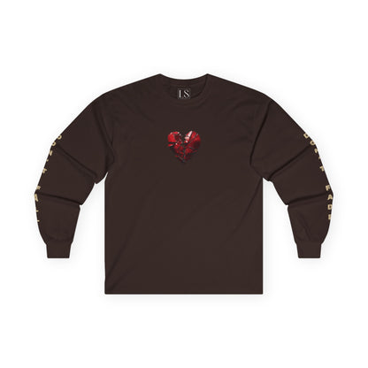 Inner Collapse long sleeve tee in dark chocolate with cracked red heart on chest 