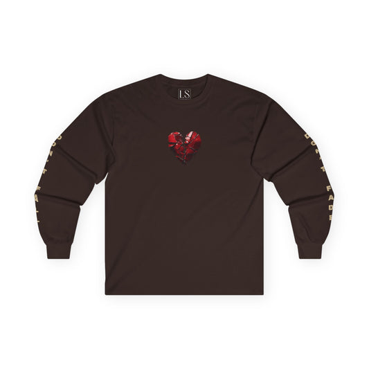 Inner Collapse long sleeve tee in dark chocolate with cracked red heart on chest 